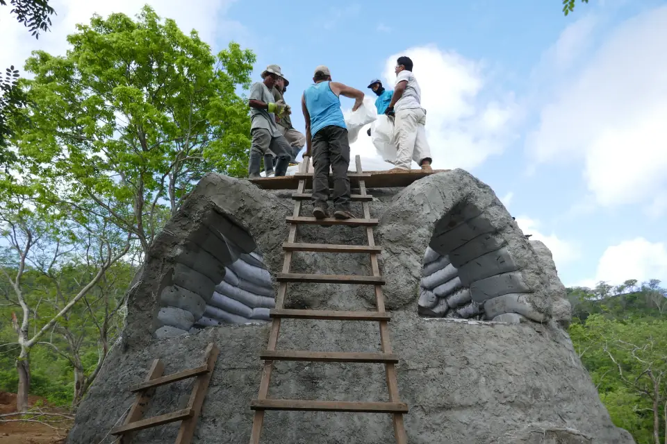 Four people on top of a plastered earthbag dome under construction, a wooden ladder up its side, trees behind