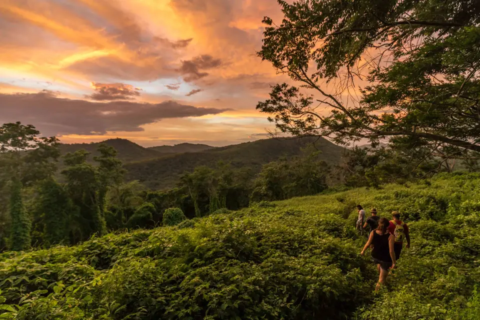 An orange sunset over forested hills at Rancho Regeneración, four people walking up through tall grass